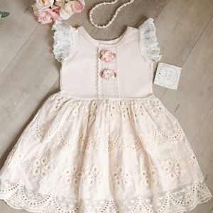 Haute Baby Ivory Peach Blush Cotton Embroidered Lace Dress Couture Size 4 NWT